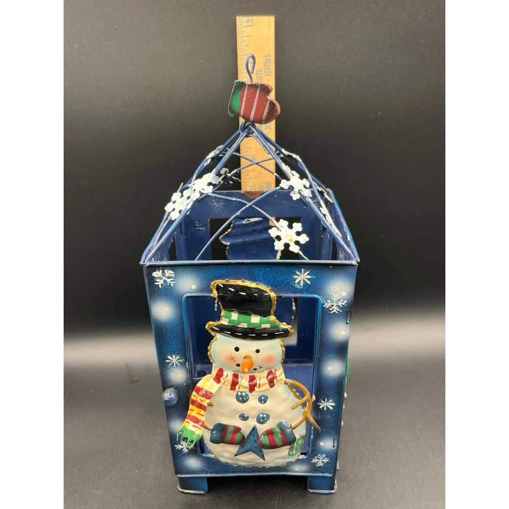 Blue Metal Christmas Lantern Snowman and Tree Holiday Tea Light Holder 11x4.5